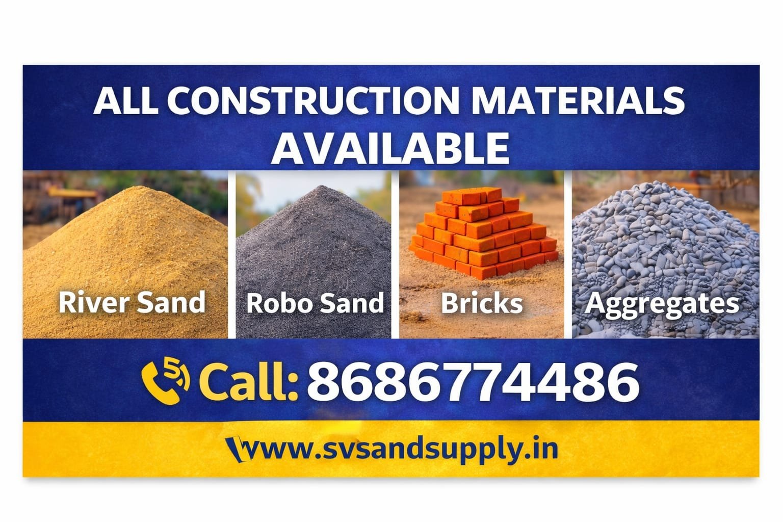 All Construction Materials Hyderabad — River Sand, M Sand, Bricks, Aggregates | SV Sand Supply | 8686774486